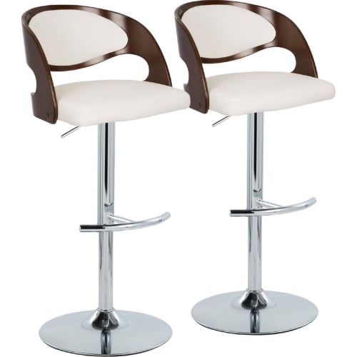 Pino Adjustable Swivel Bar Stool in Chrome, Cherry Wood & White Leatherette (Set of 2)